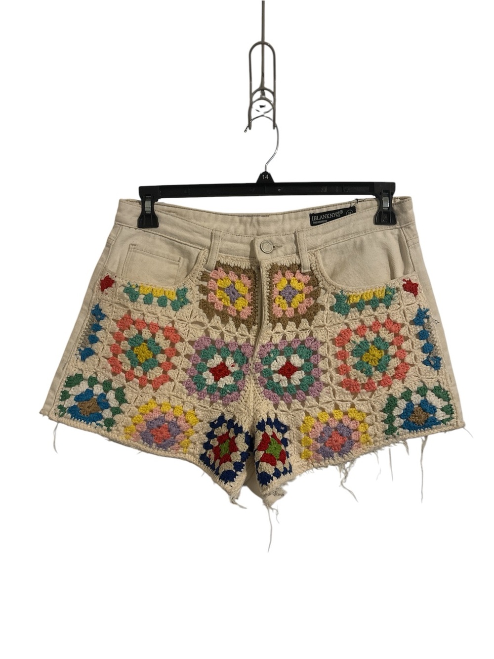 Blank NYC Cream Denim Shorts with Multicolor Crochet Panels